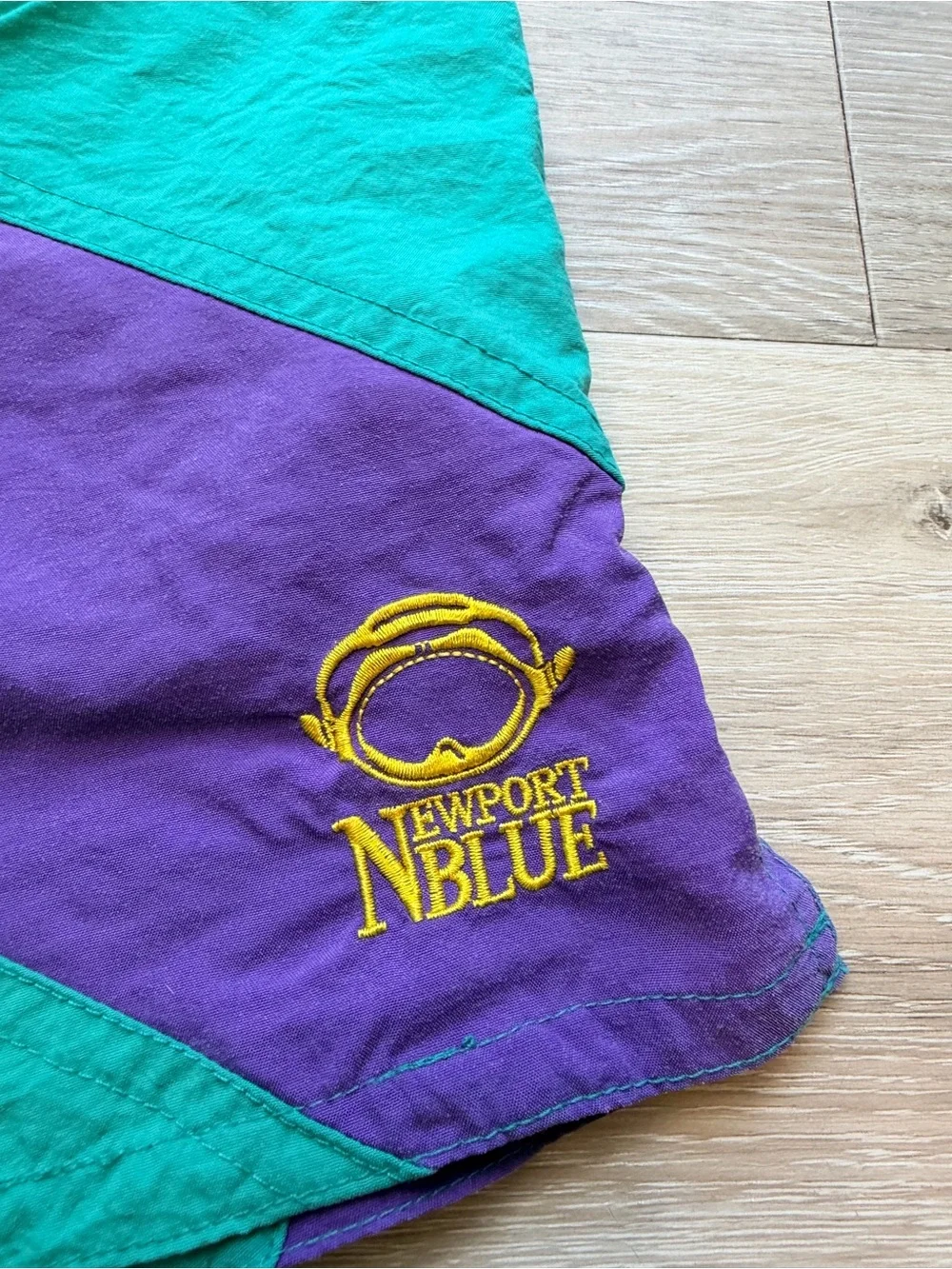 Teal and Purple Athletic Shorts with Diagonal Colorblock Size Medium